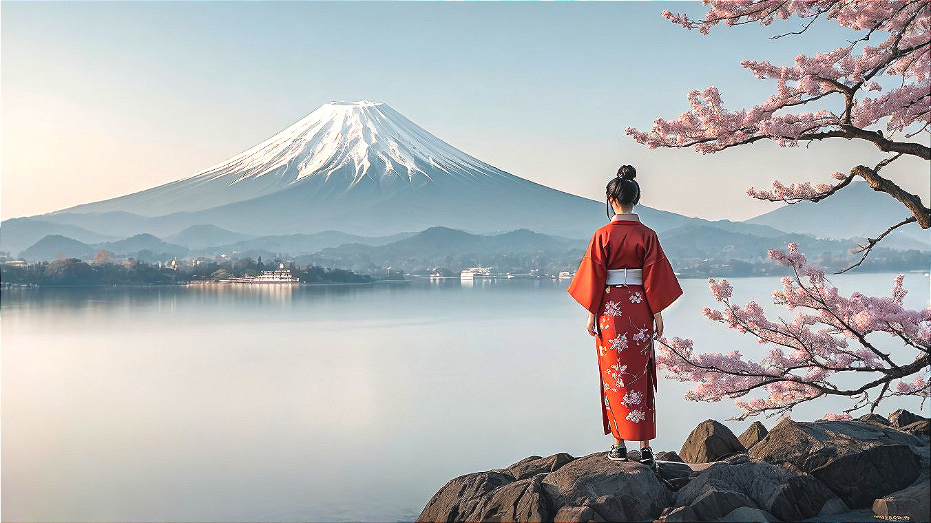 Girl in red kimono by rocky shore with Mount Fuji