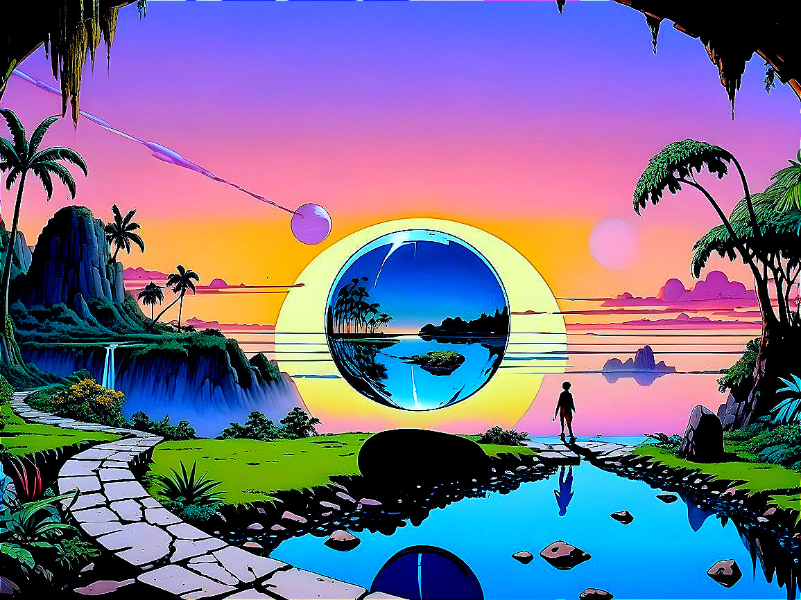 Surreal Landscape with Winding Path and Glossy Orb