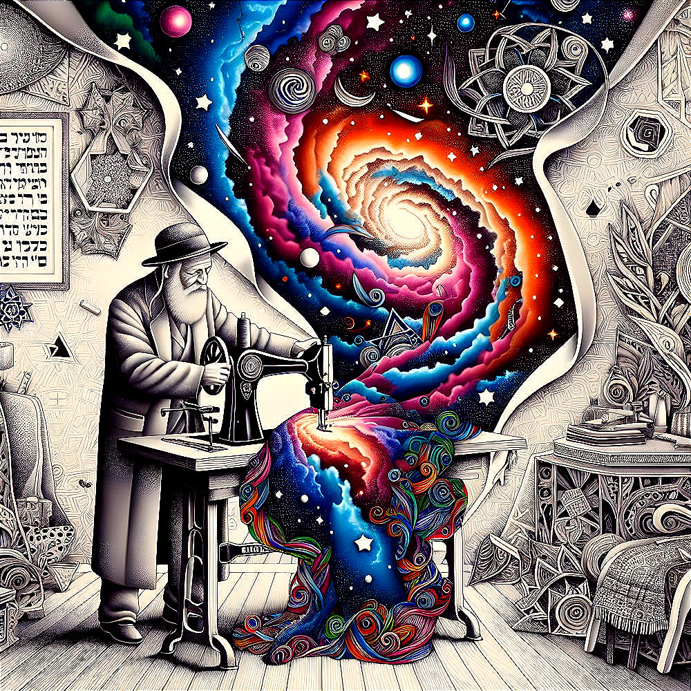 Elderly Man Sewing with Cosmic Patterns Emanating