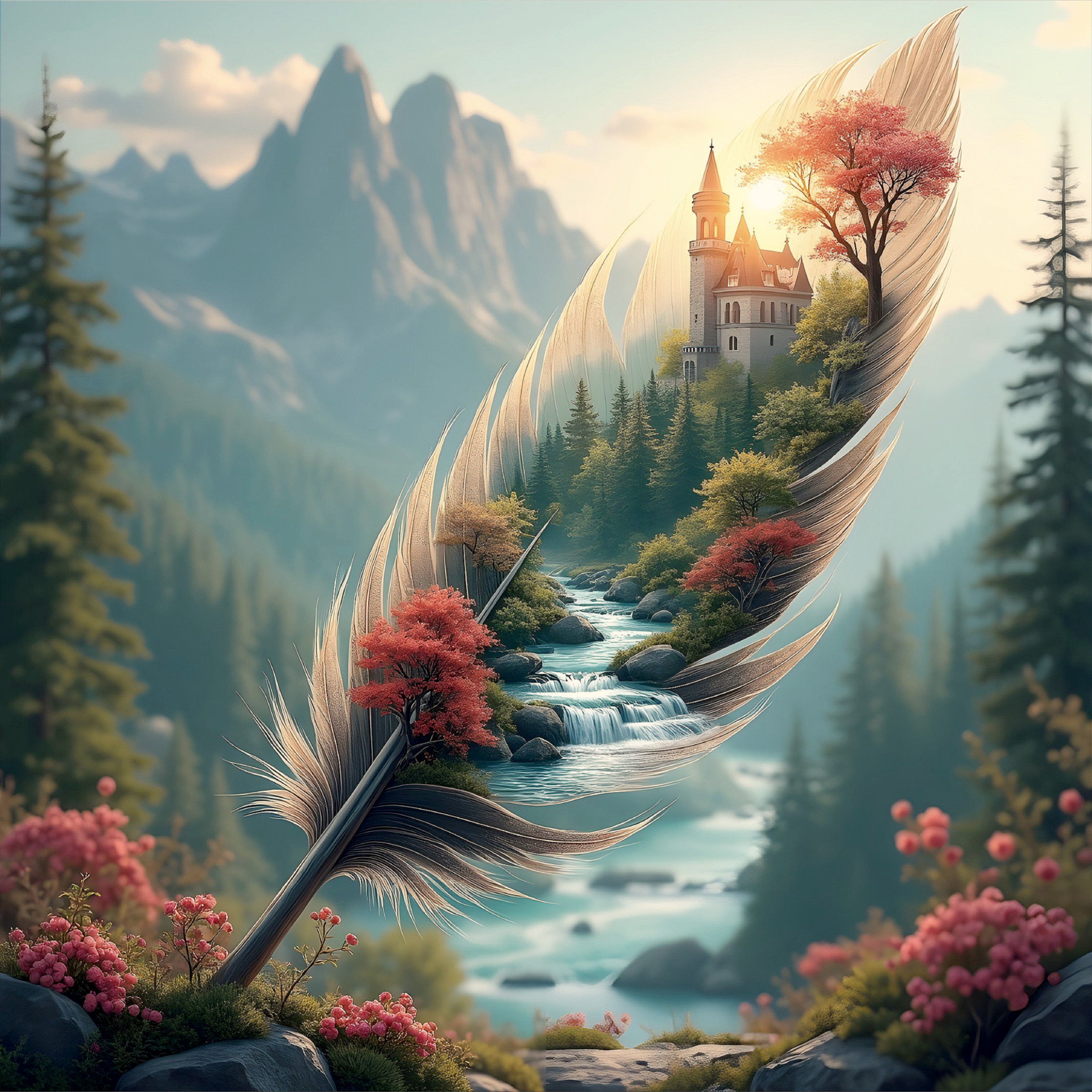Majestic castle among trees and mountains with stream