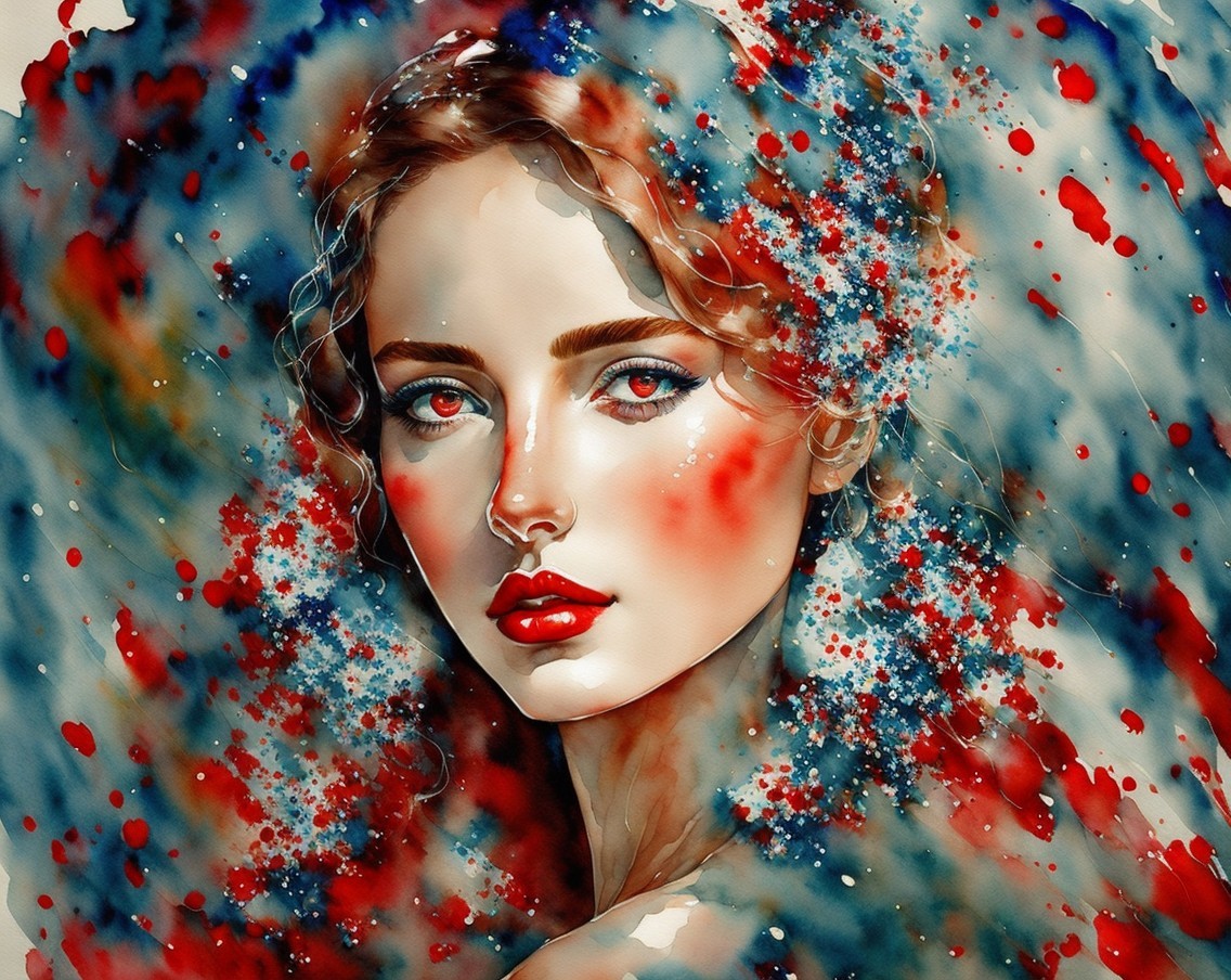 Stylized portrait of woman with red lips and cheeks and paint splatters