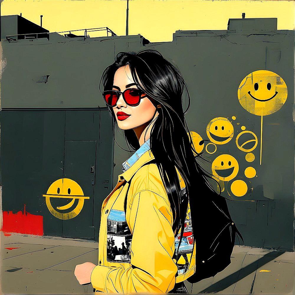 Stylish Woman in Yellow Jacket by Vibrant Wall