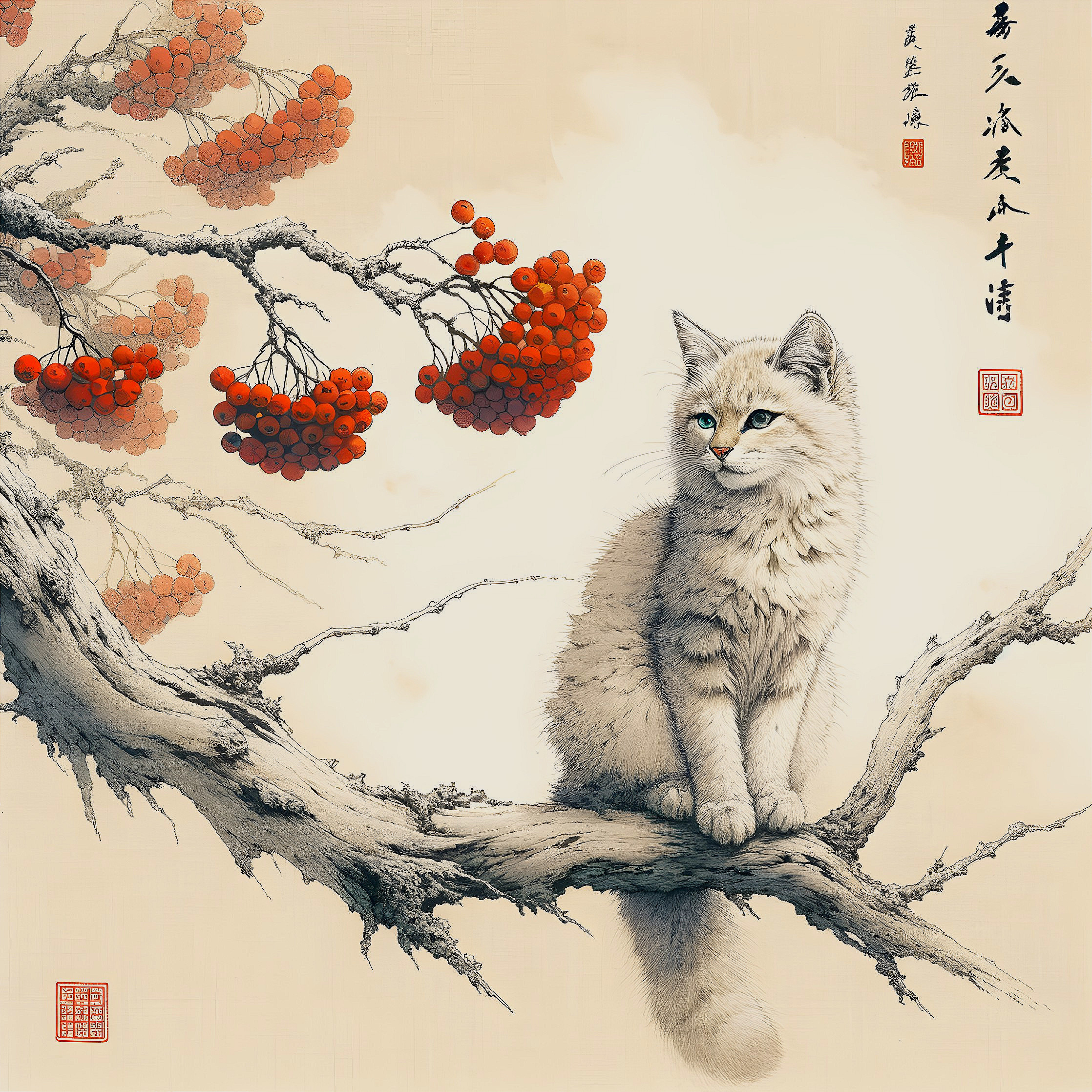 Fluffy White Cat on Branch with Red Berries Illustration