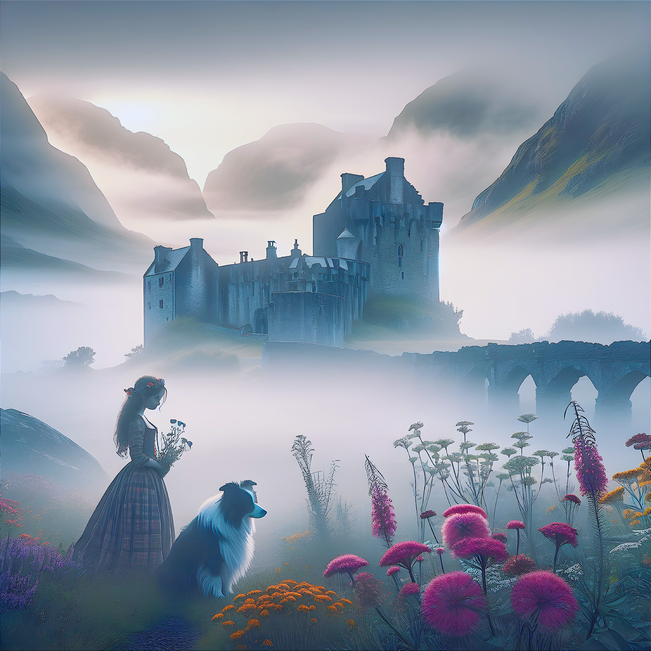 Misty Valley with Girl, Collie, and Distant Castle