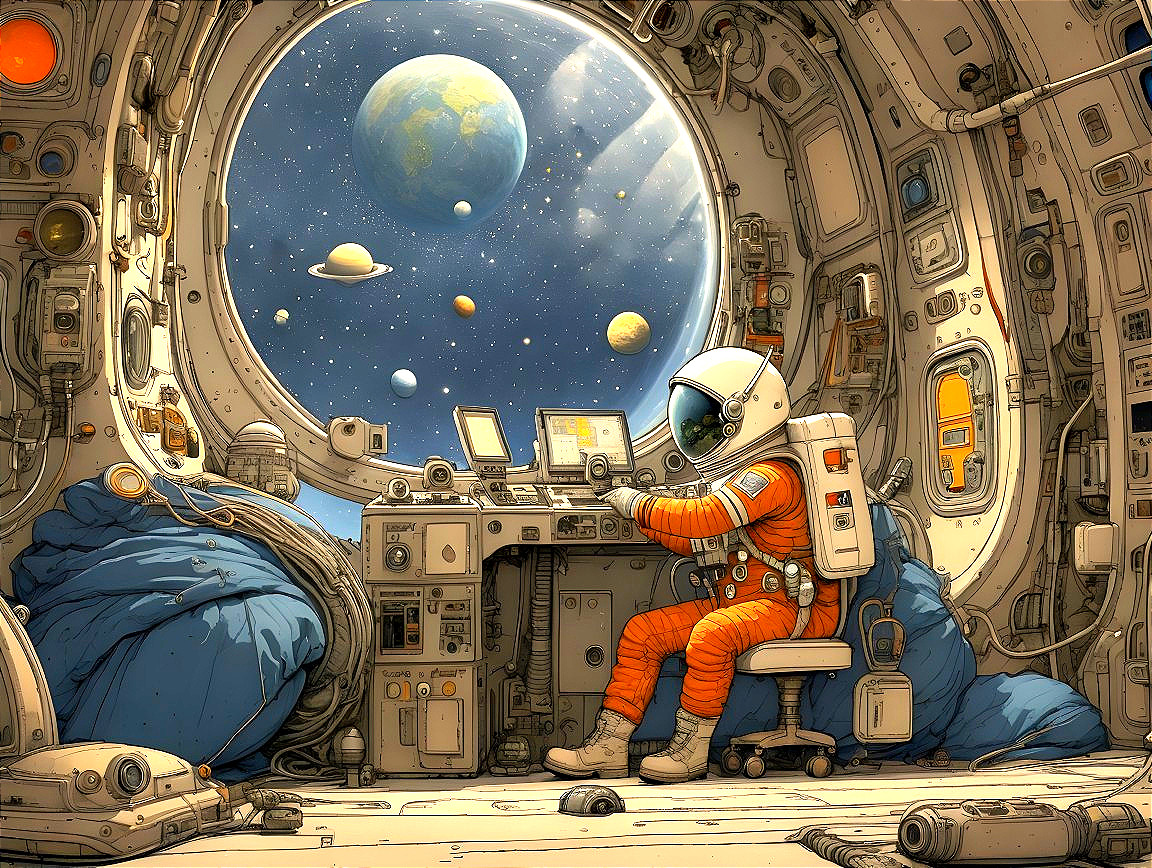 Astronaut at Control Panel in Cozy Spacecraft Setting