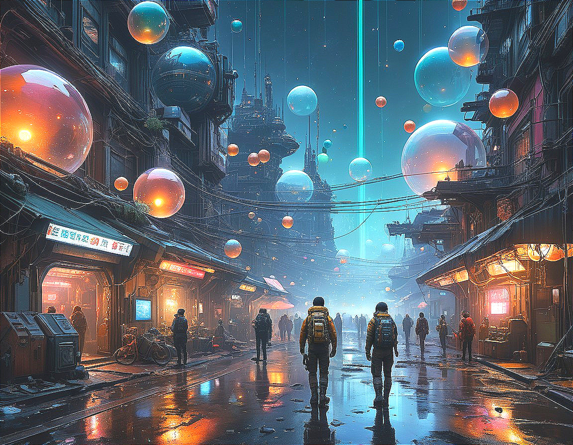 Futuristic cityscape with glowing orbs and neon lights