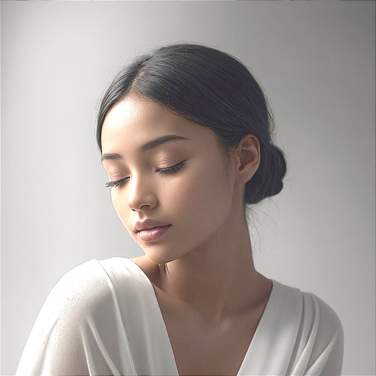 Young woman in white wrap with serene expression