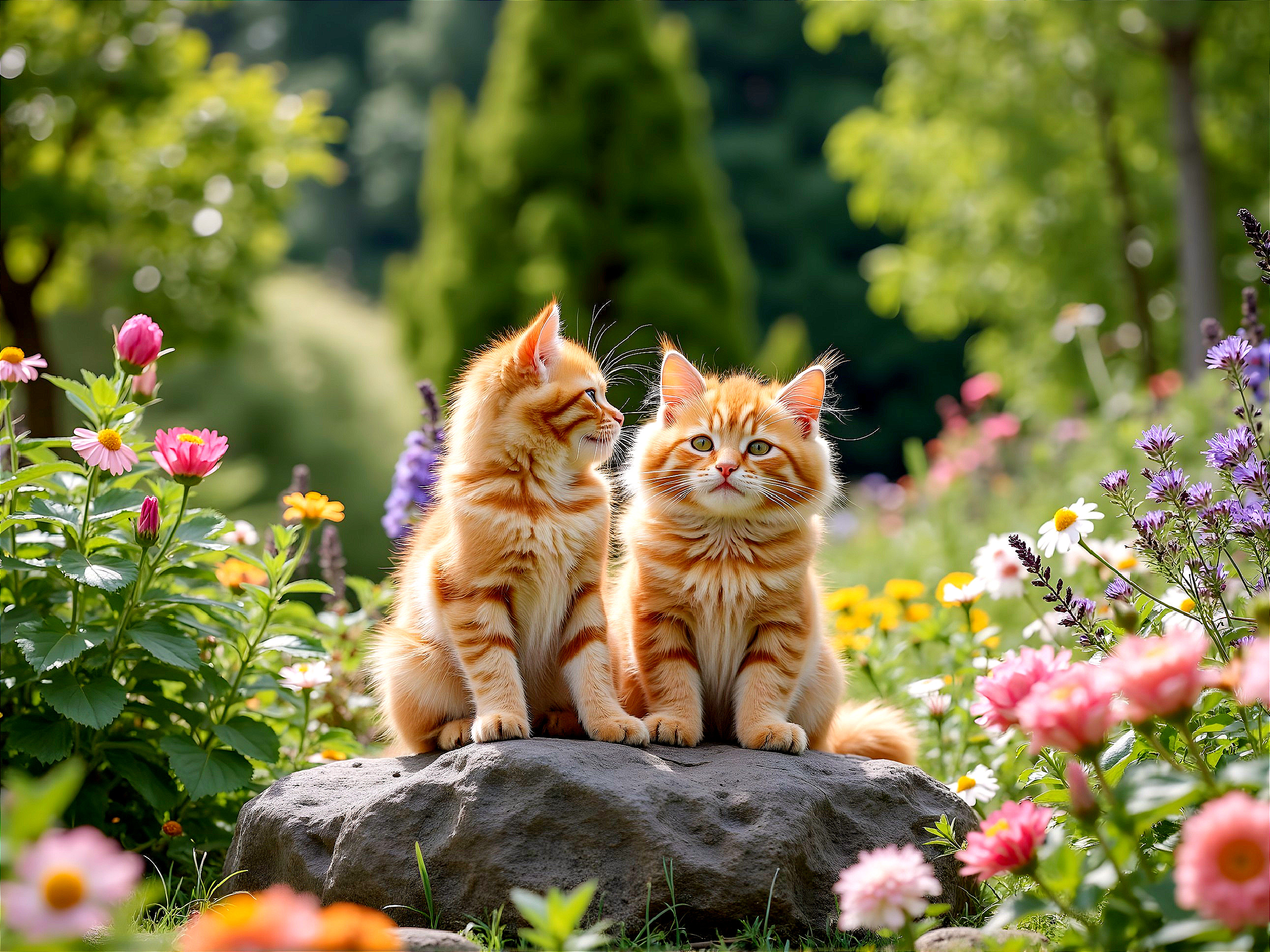 Playful Orange Tabby Kittens in a Colorful Garden