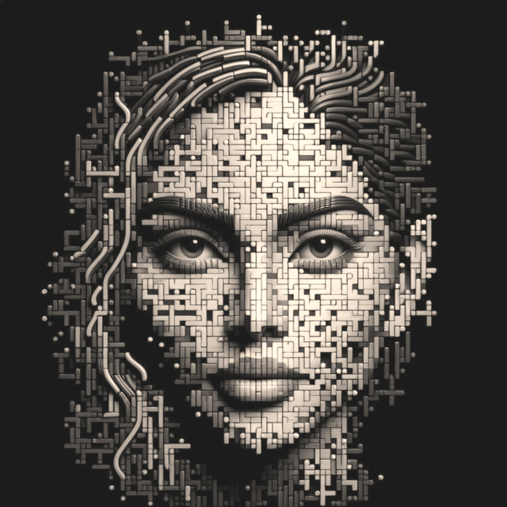Digital abstract face made of metallic cubic blocks and wires on black background