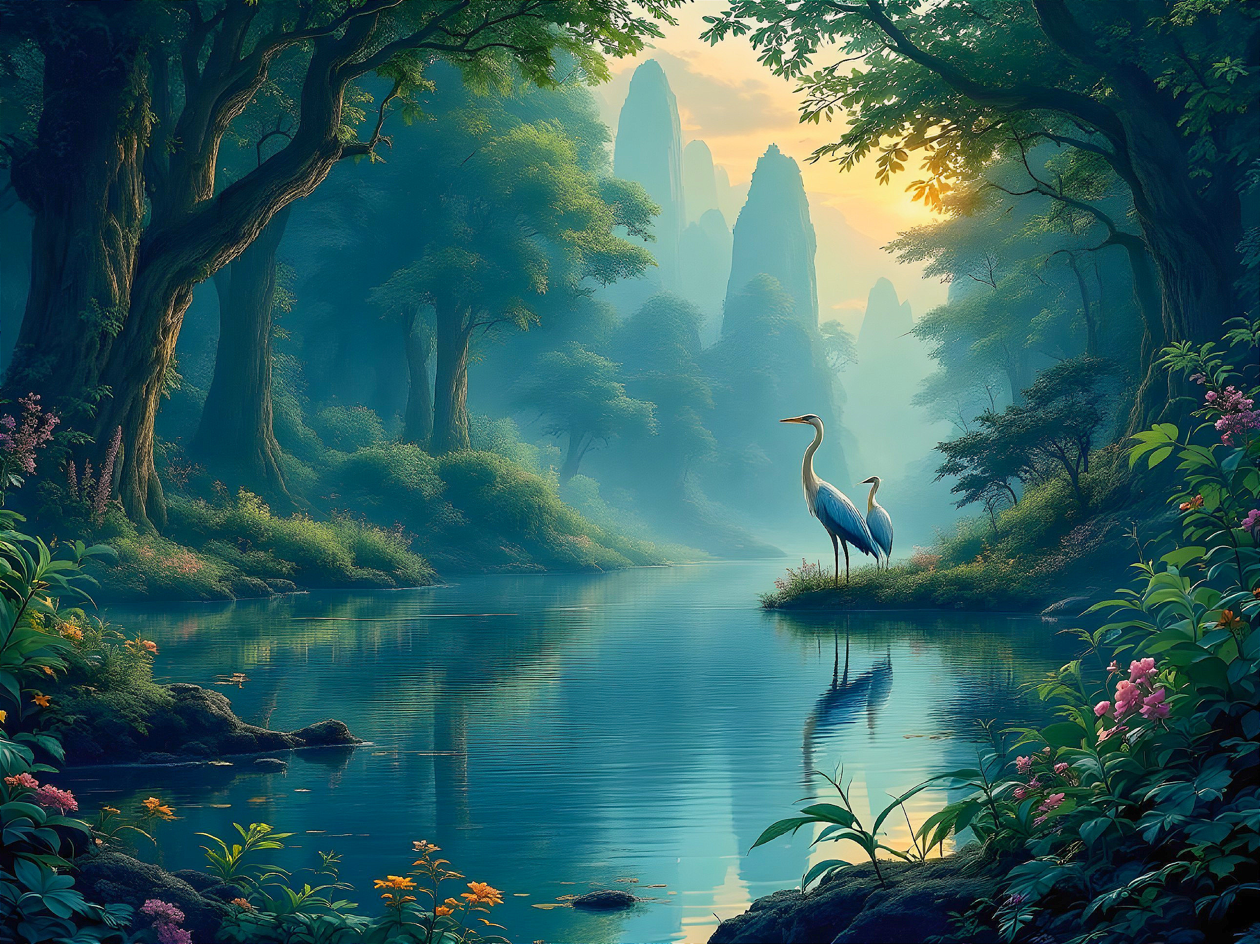 Herons by a Serene River in a Misty Landscape