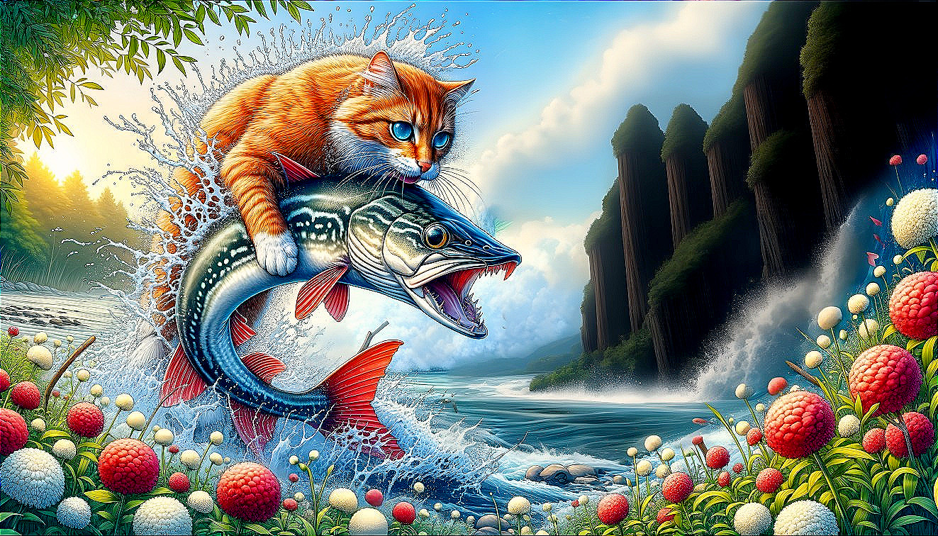 Orange Tabby Cat on Fish in Sparkling River Scene
