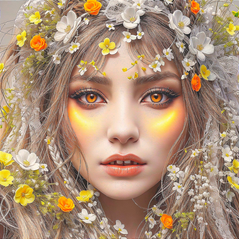 Portrait of a Young Woman with Floral Crown and Orange Eyes