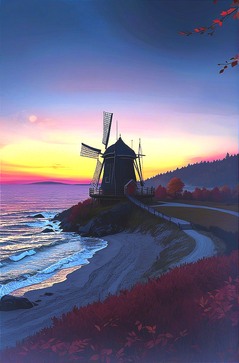 Coastal Sunset with Windmill and Autumn Foliage