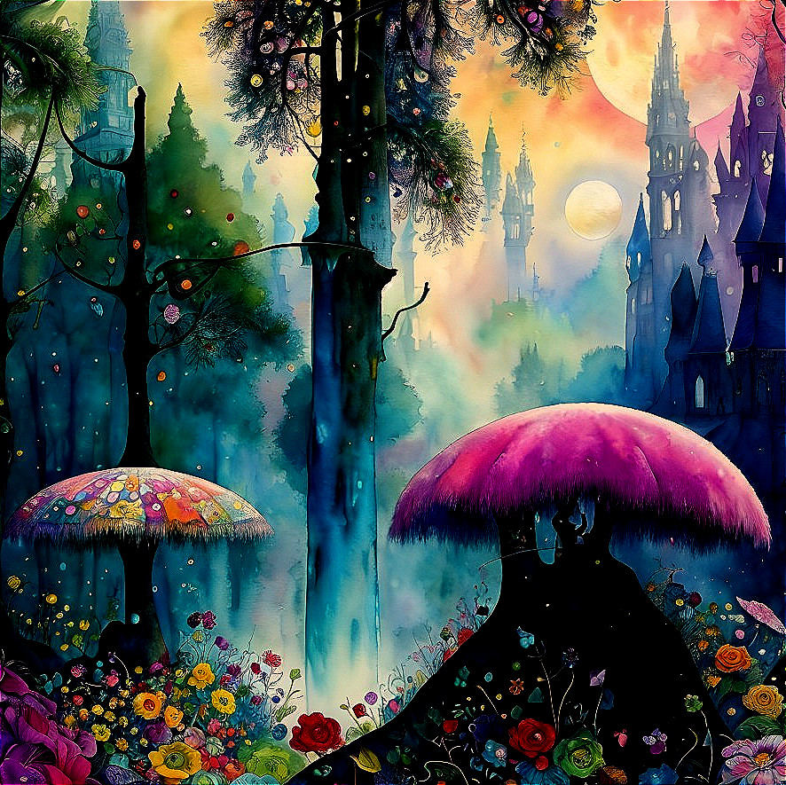 Colorful forest scene with mushrooms, flowers, gothic castles, and luminous moon