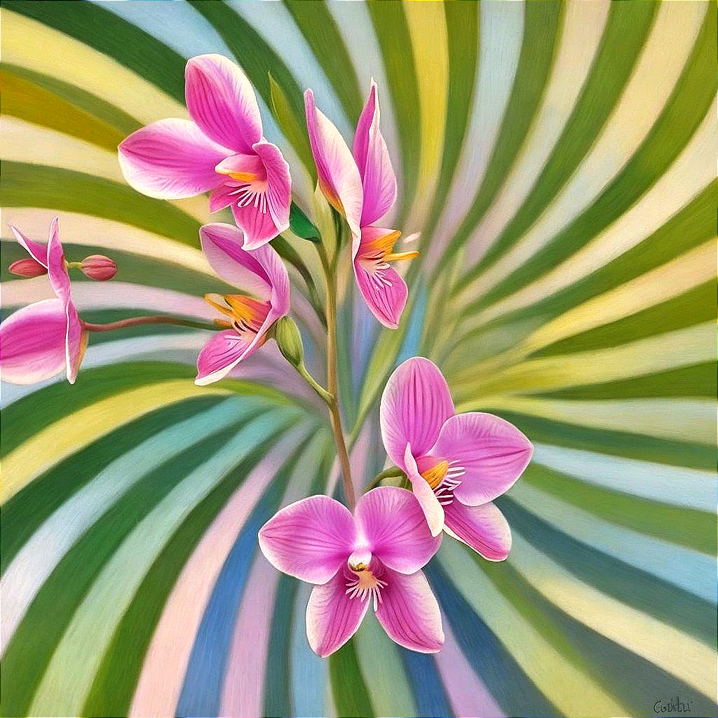 Vibrant Pink Orchids with Soft Green and Yellow Stripes