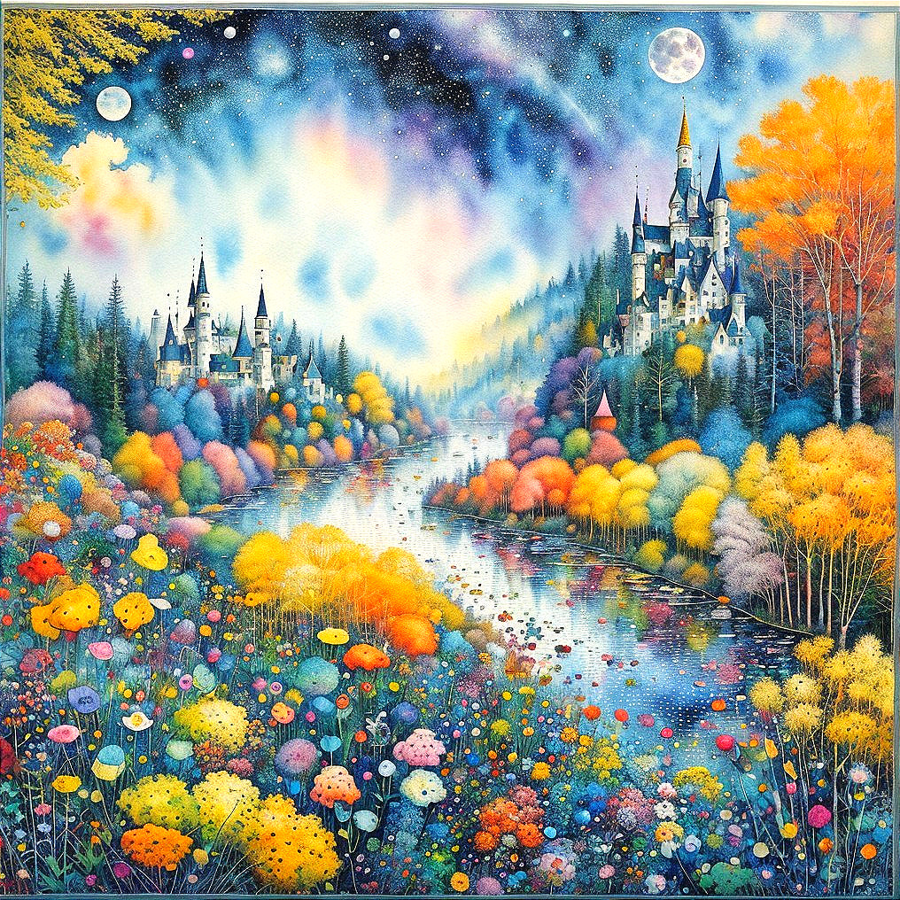 Vibrant Dreamlike Landscape with Castles and River