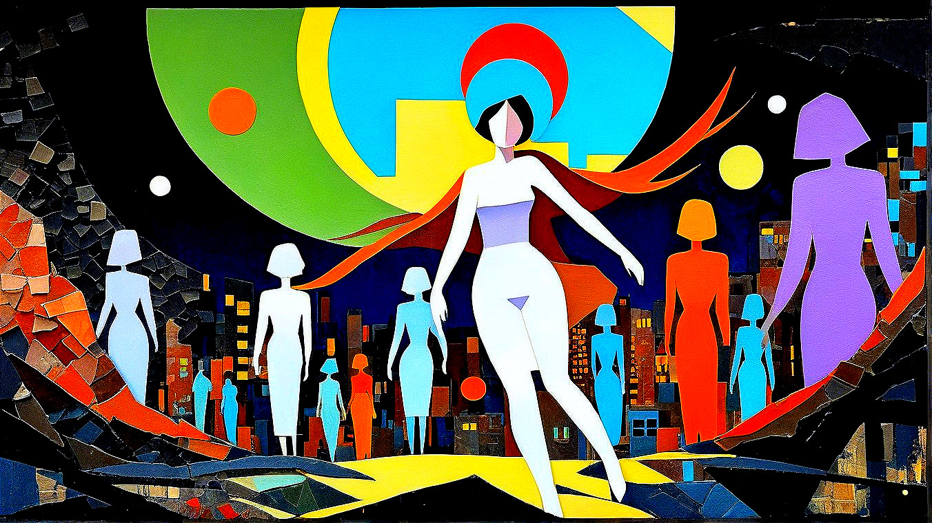 Stylized Scene with Central Figure and Abstract City Silhouettes