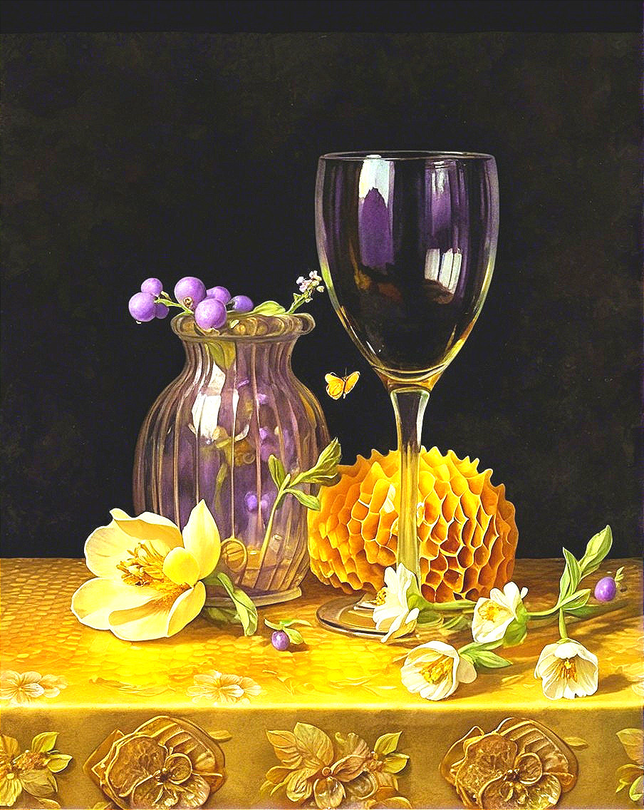 Still Life with Purple Liquid and Yellow Flowers