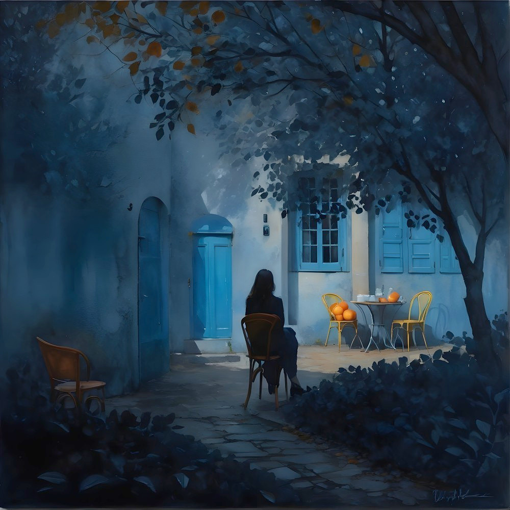 Twilight Courtyard with Woman and Oranges Scene