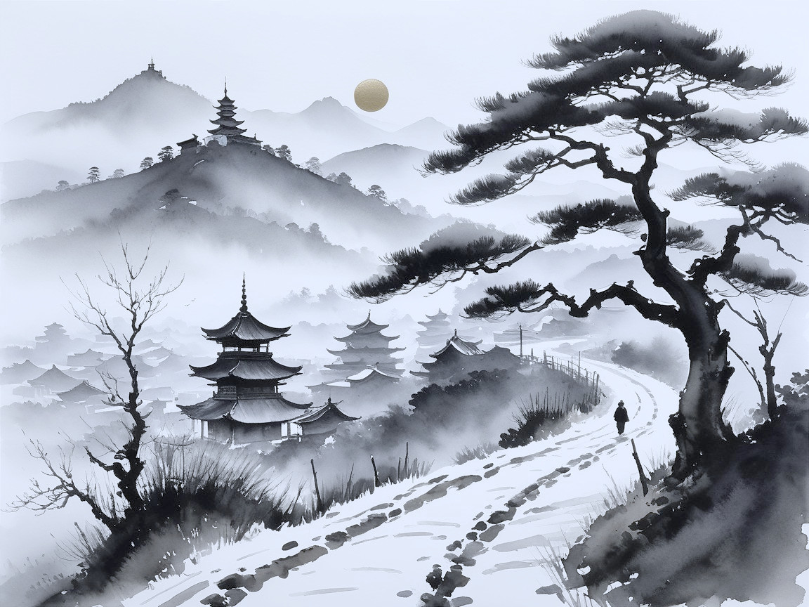 Black and white landscape with hills and pagodas
