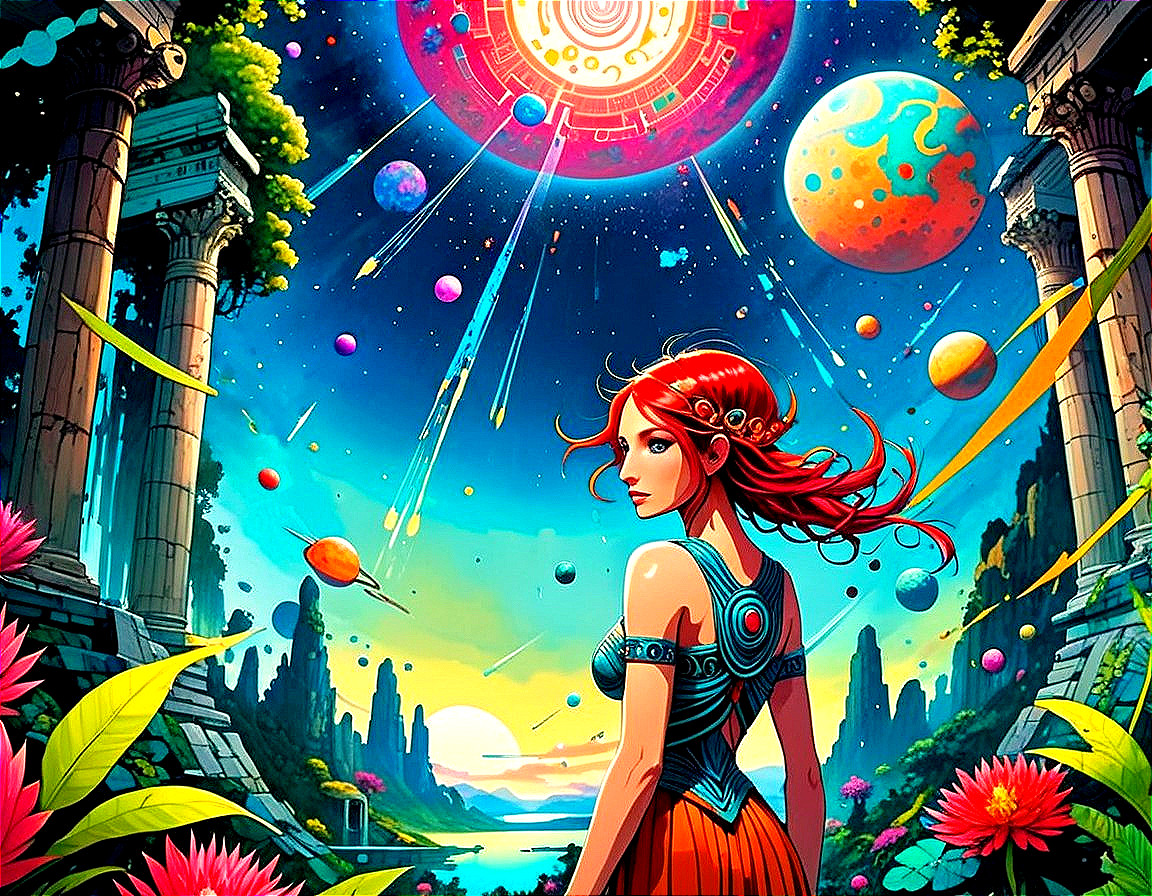 Young Woman in Ancient Ruins with Cosmic Background