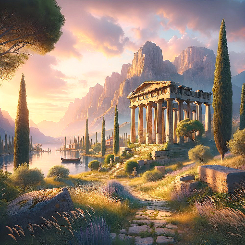 Tranquil Landscape with Ancient Greek Architecture