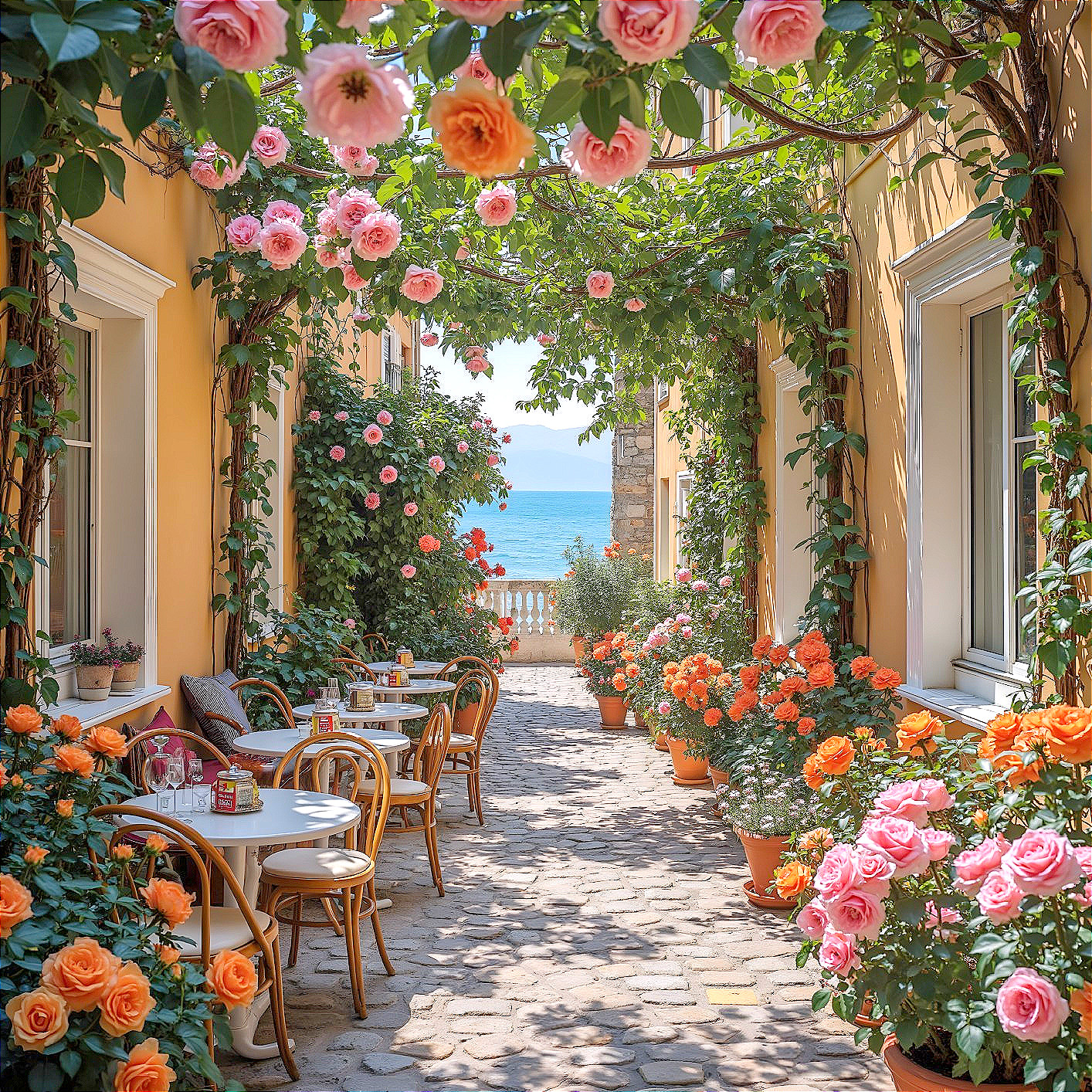 Garden Pathway with Blooming Roses and Sea View