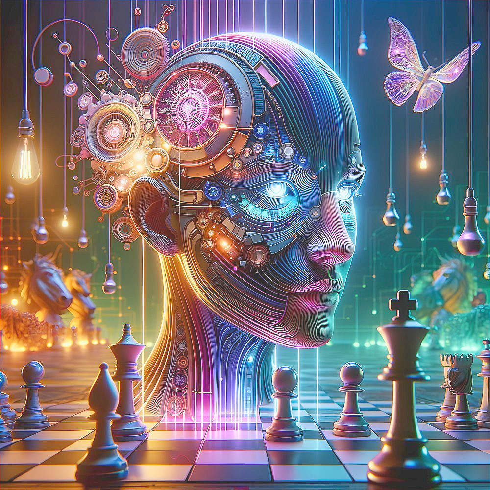 Futuristic Robotic Head with Chess Pieces and Butterfly
