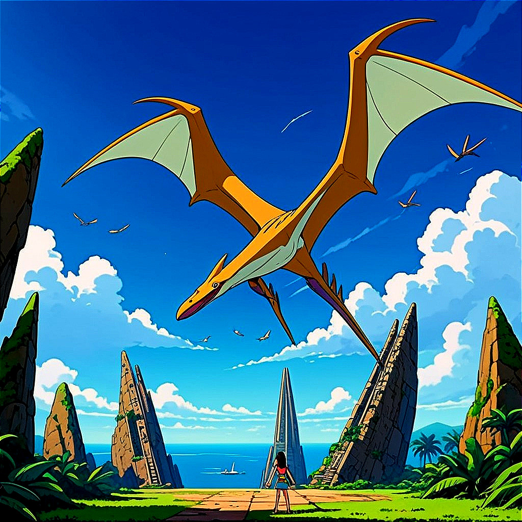 Vibrant Landscape with Pterosaur and Ancient Structures