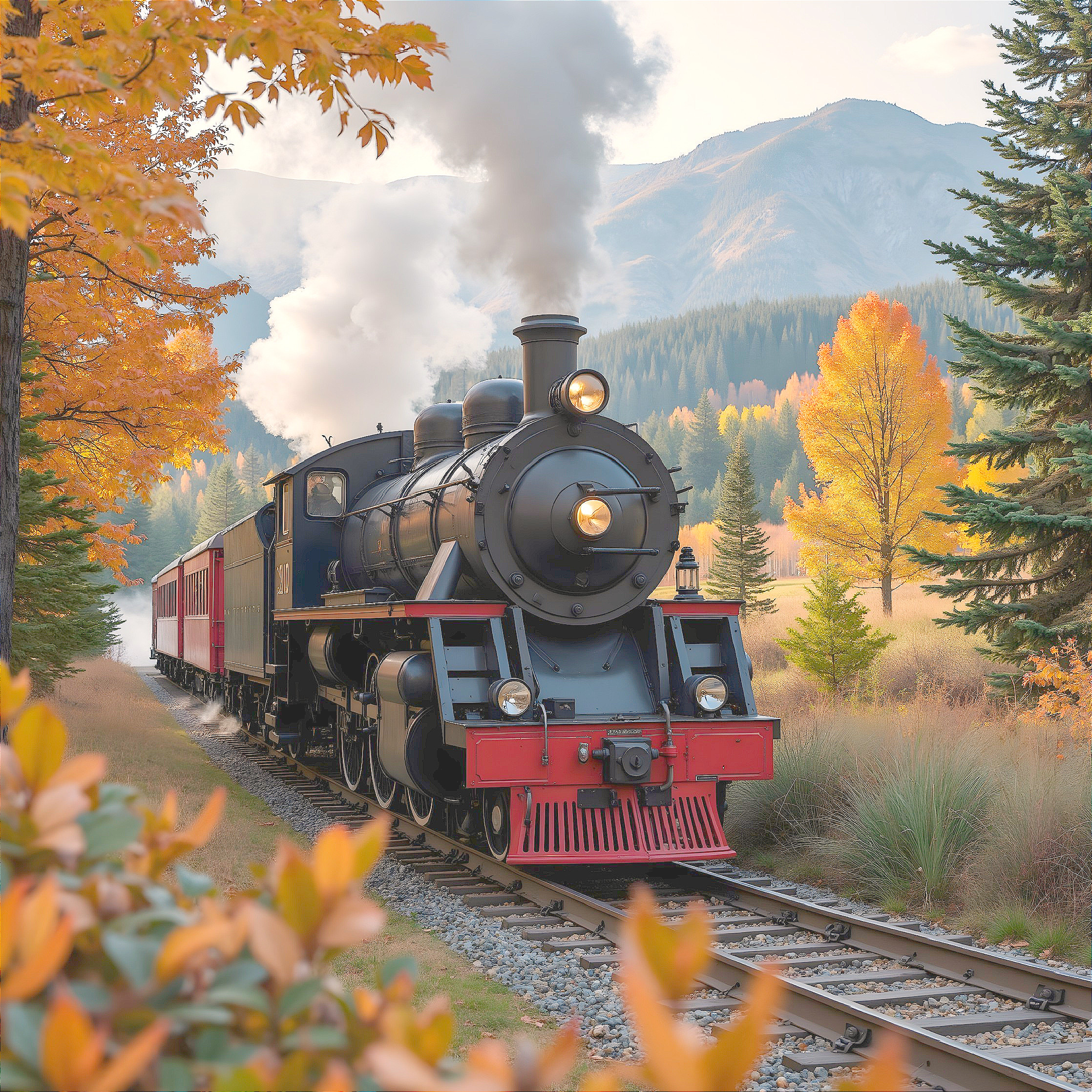 Vintage Steam Train in Scenic Autumn Landscape