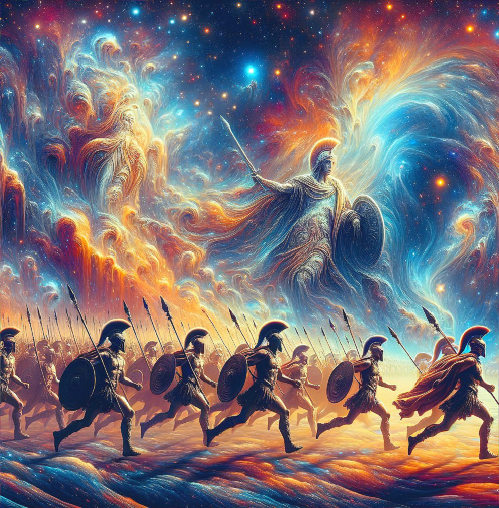 Celestial Battlefield with Cosmic Sky and Warriors