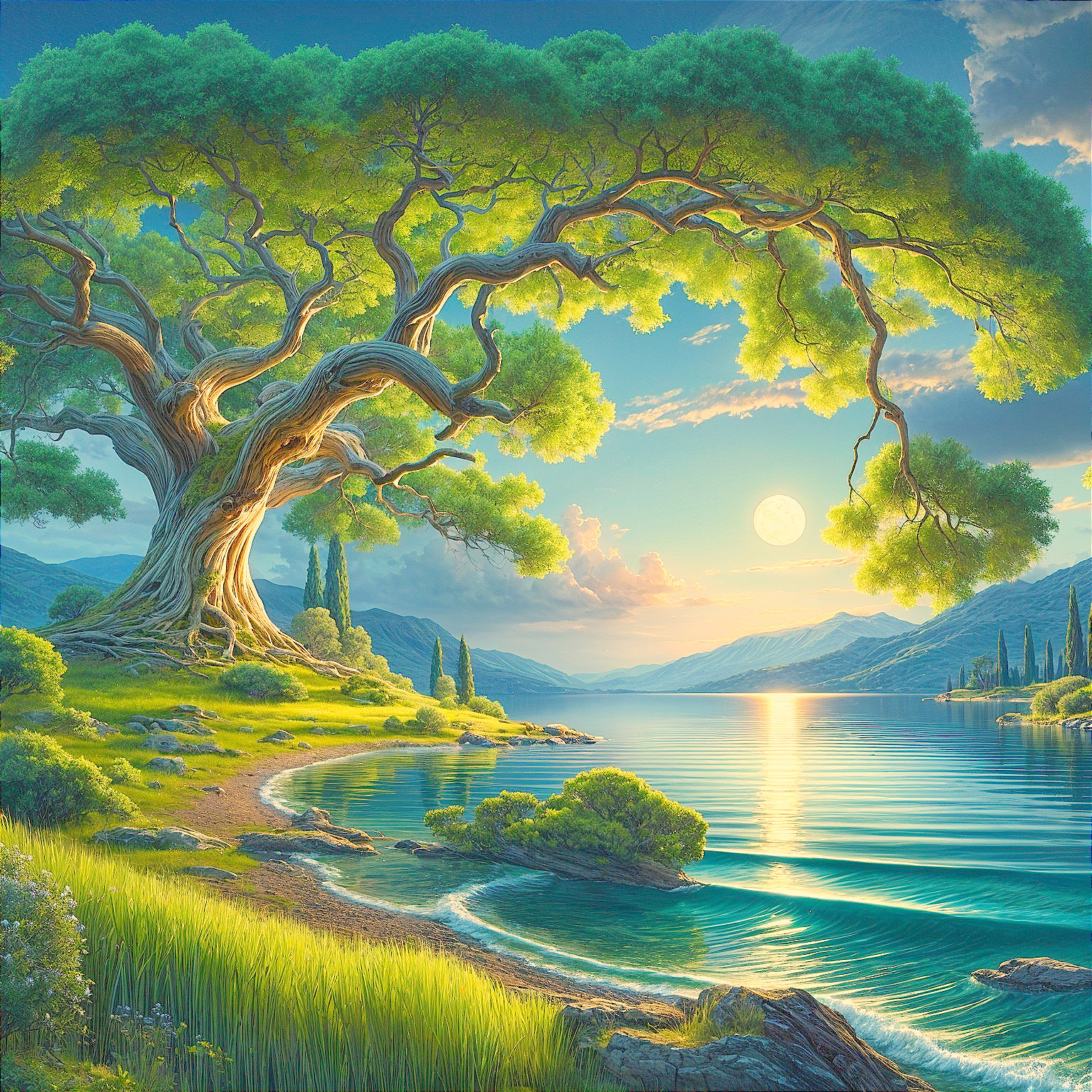 Serene Landscape with Tree, Lake, and Sunset Reflection