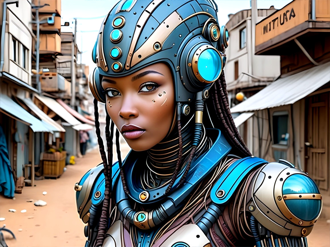 Futuristic Robotic Woman in Urban Street Setting