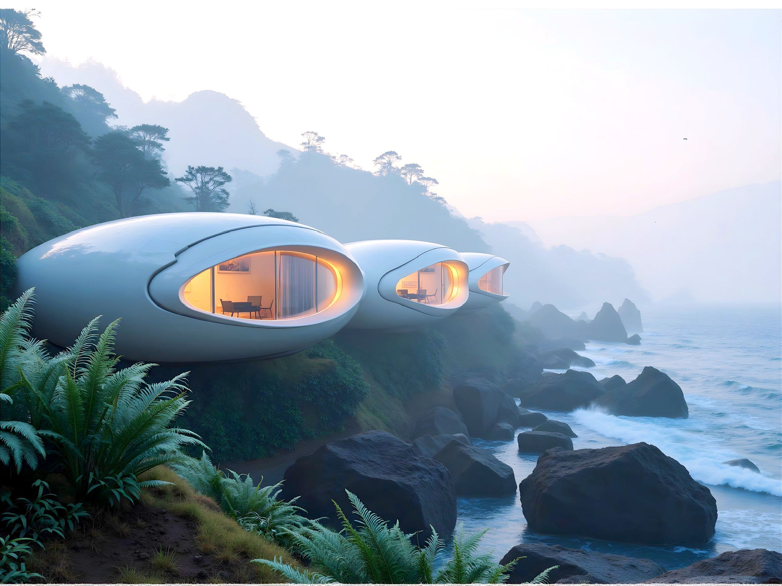 Futuristic Pod-Shaped Houses on Rocky Coastline