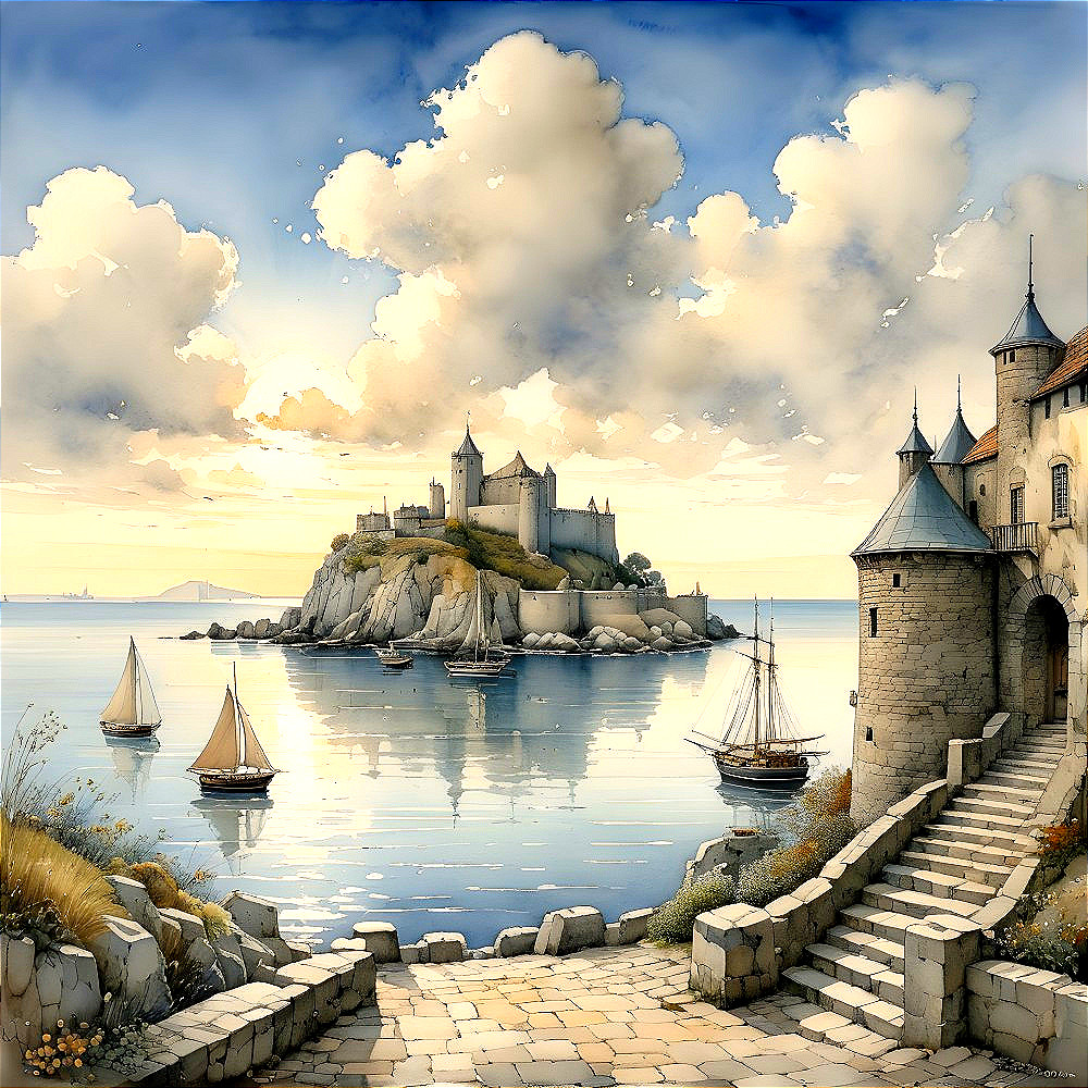 Coastal Castle on Rocky Island with Calm Waters