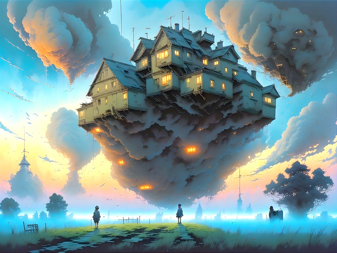 Whimsical Floating House in a Colorful Sunset Sky