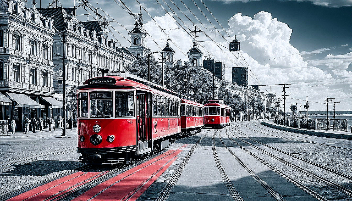 Red Tram on Historic Boulevard with Elegant Architecture