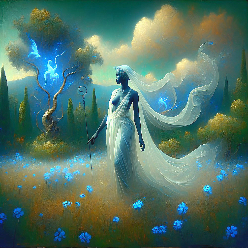 Graceful Figure in White Gown Among Blue Flowers