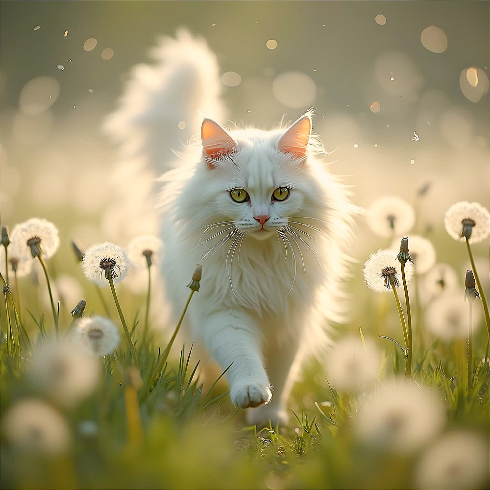 White Cat in Dandelion Field with Soft Sunlight