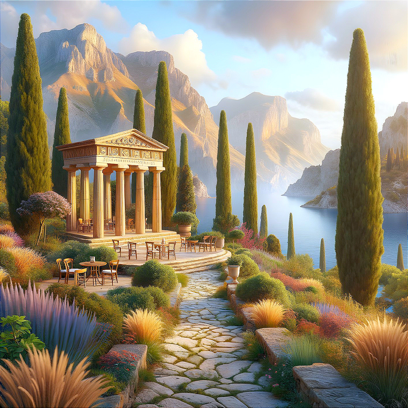 Serene landscape with gazebo, cypress trees, and lake