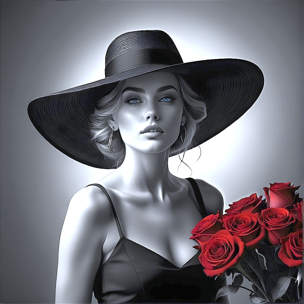 Black-and-White Portrait of a Woman with Roses