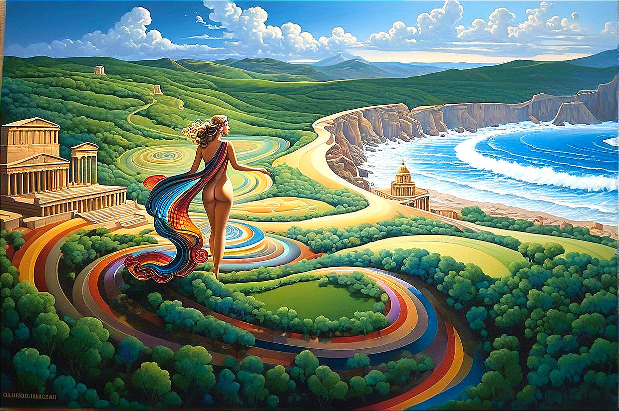 Vibrant Landscape of Valley, Coastline, and Architecture