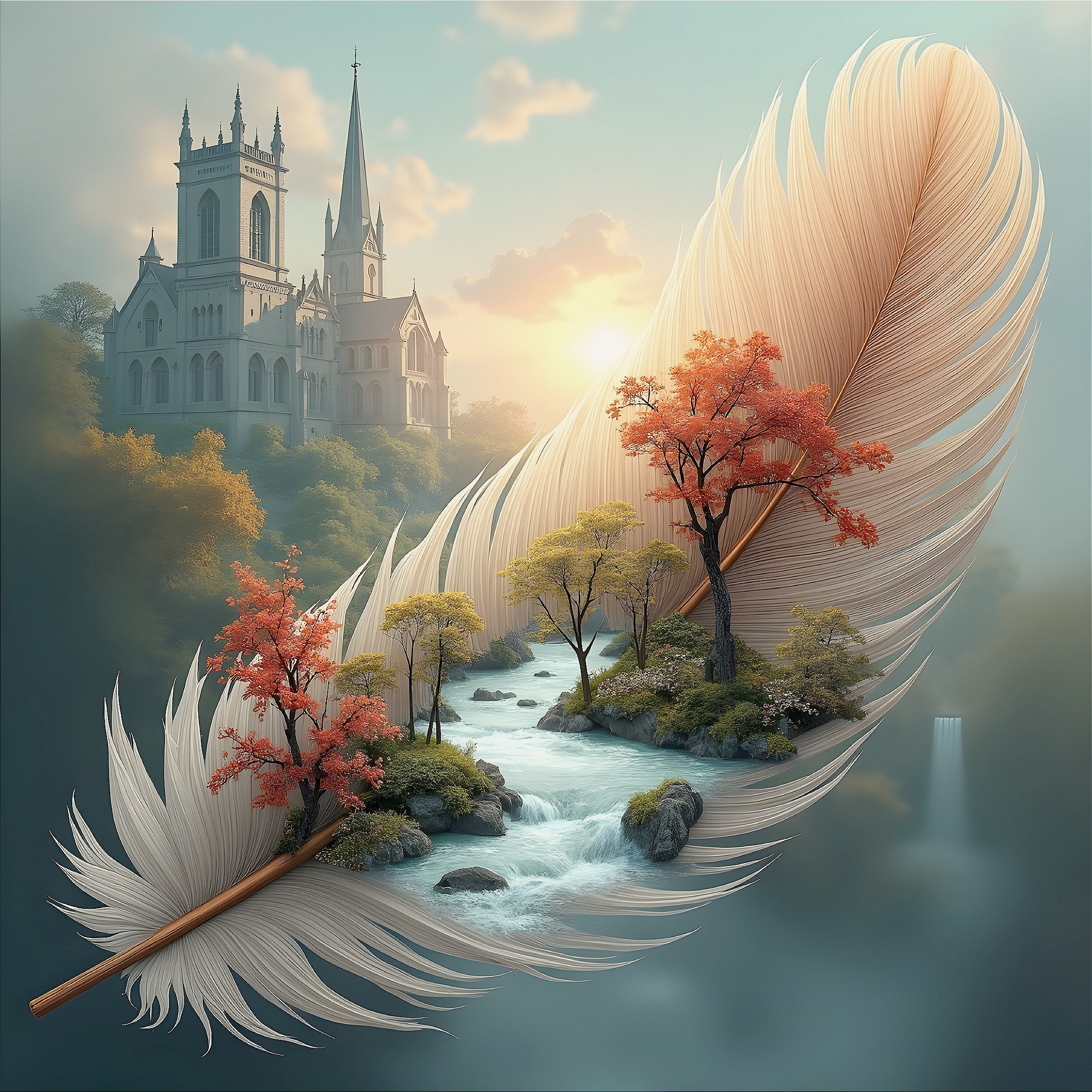 Surreal Landscape Cradled by a Delicate Feather