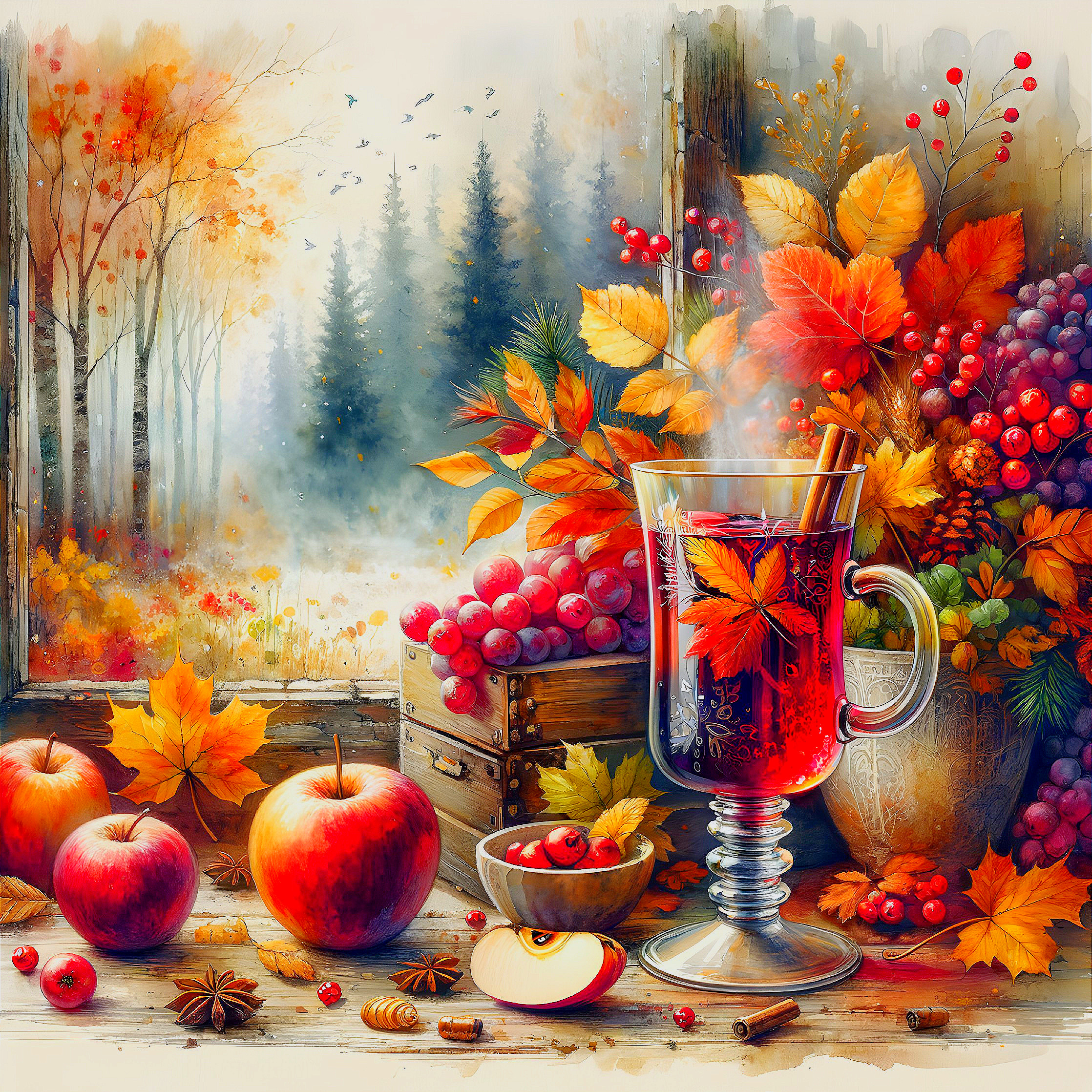 Cozy Autumn Scene with Spiced Drink and Foliage
