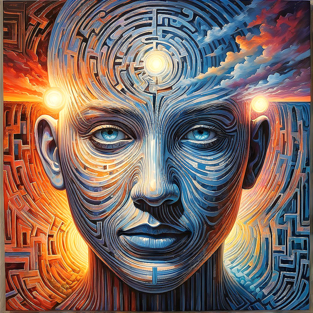 Stylized Human Face with Maze Patterns and Orbs