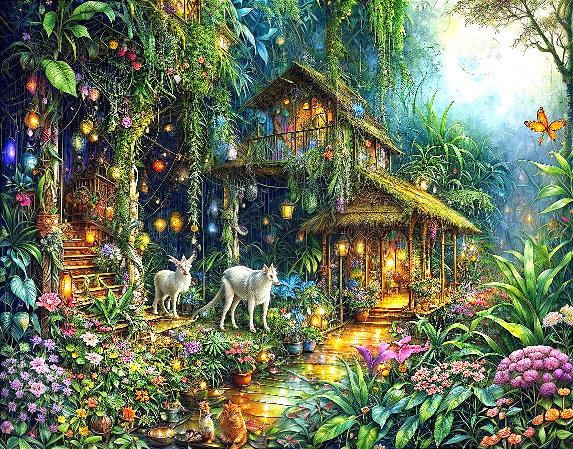 Enchanted forest with cozy cottage, wolves, flowers, and butterfly
