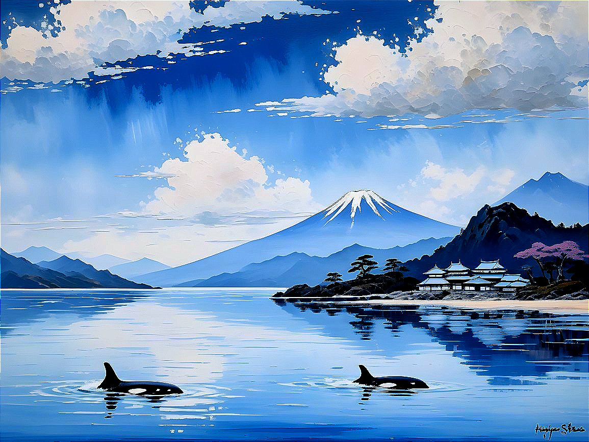 Orcas Swimming in Serene Landscape with Mountains