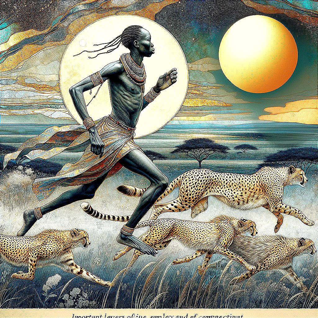 Traditional Attire and Cheetahs at Sunset Scene