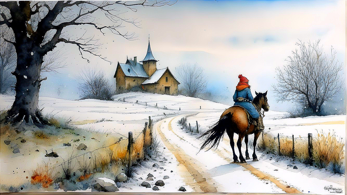 Winter Scene with Horse Rider and Snowy Cottage