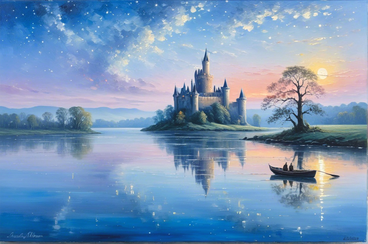 Majestic castle on a lush island by a tranquil lake